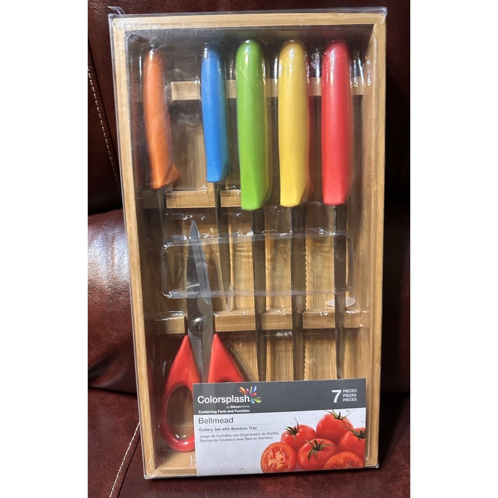 NEW 7 PIECE Cutlery Set With Wodden Tray Colorsplash Bellmead Kitchen Knives